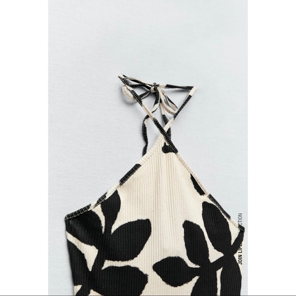 Zara Halter Neck Bodysuit | Black & Cream Print | NWT | Size L - Picture 4 of 6